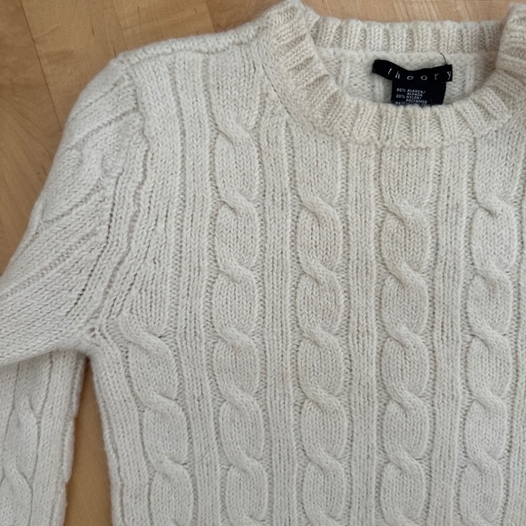 THEORY CROPPED CABLE KNIT BOILED WOOL CREWNECK CREAM SZ SML - Picture 1 of 6